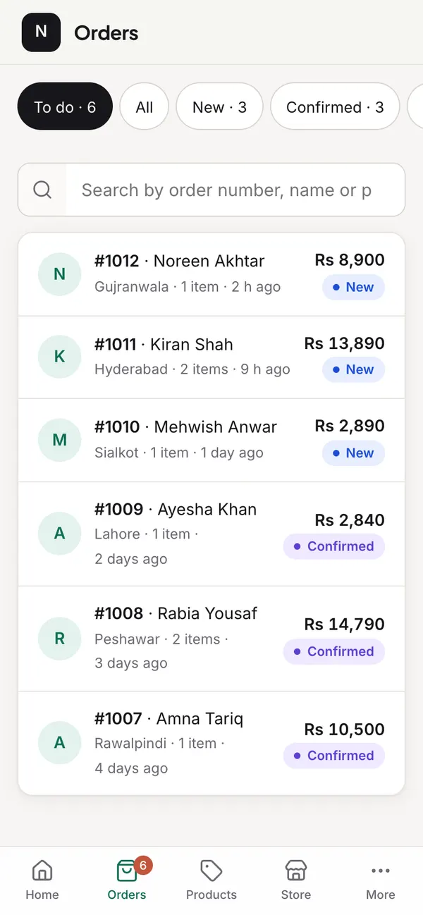 Orders list