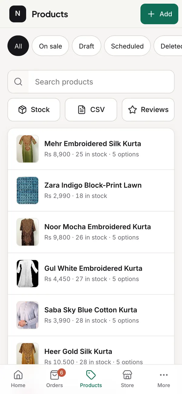 Products in the admin on a phone
